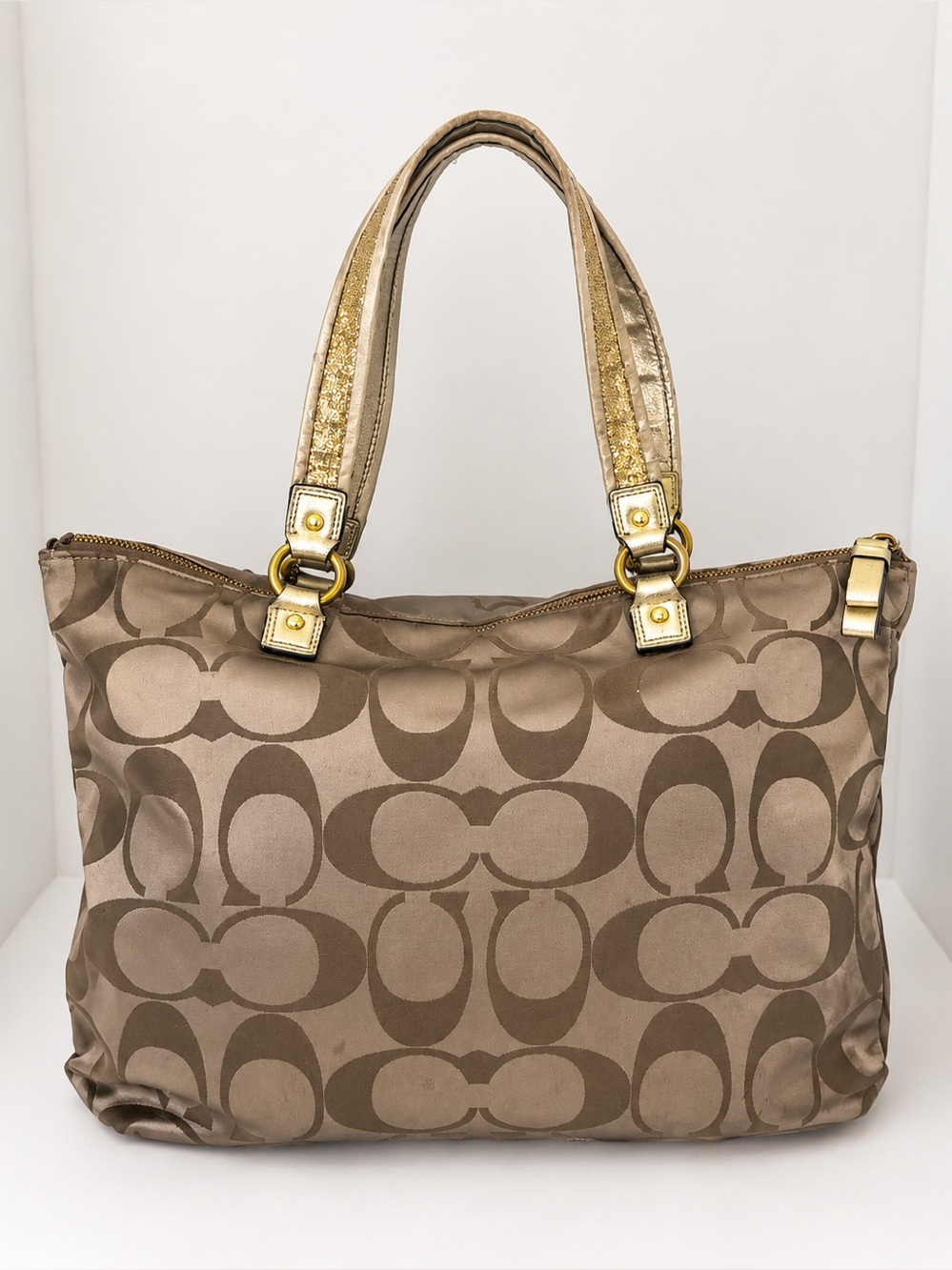 Coach Tan Signature Canvas Shoulder Bag with Gold Hardware, Glitters Pink Charm - Picture 3 of 7